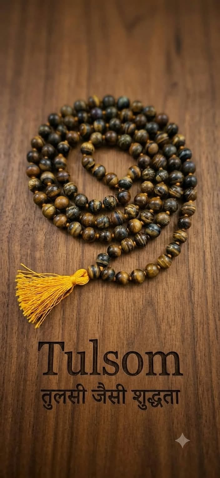 Tulsom Premium Natural Tiger Eye 108+1 Japa Mala with Elegant Yellow Tassel