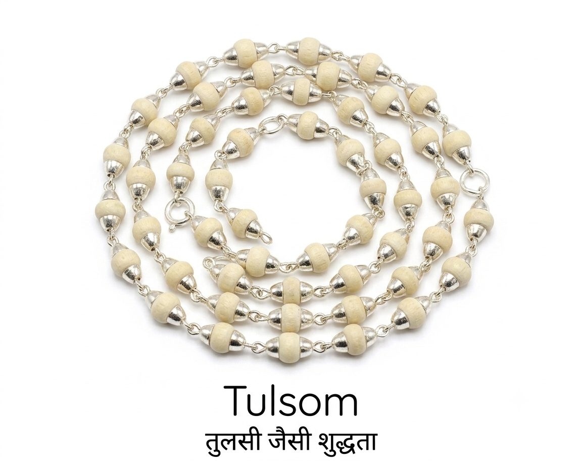 Pure Silver Designer Capped White Tulsi Mala (3 mm, 55 Beads)