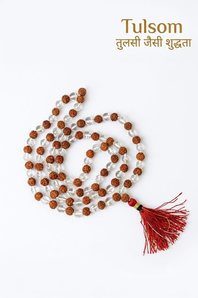 Tulsom 5 Mukhi Rudraksha & Sphatik Mala | Authentic Clear Quartz Divine Beads for Japa, Aura Protection & Inner Peace