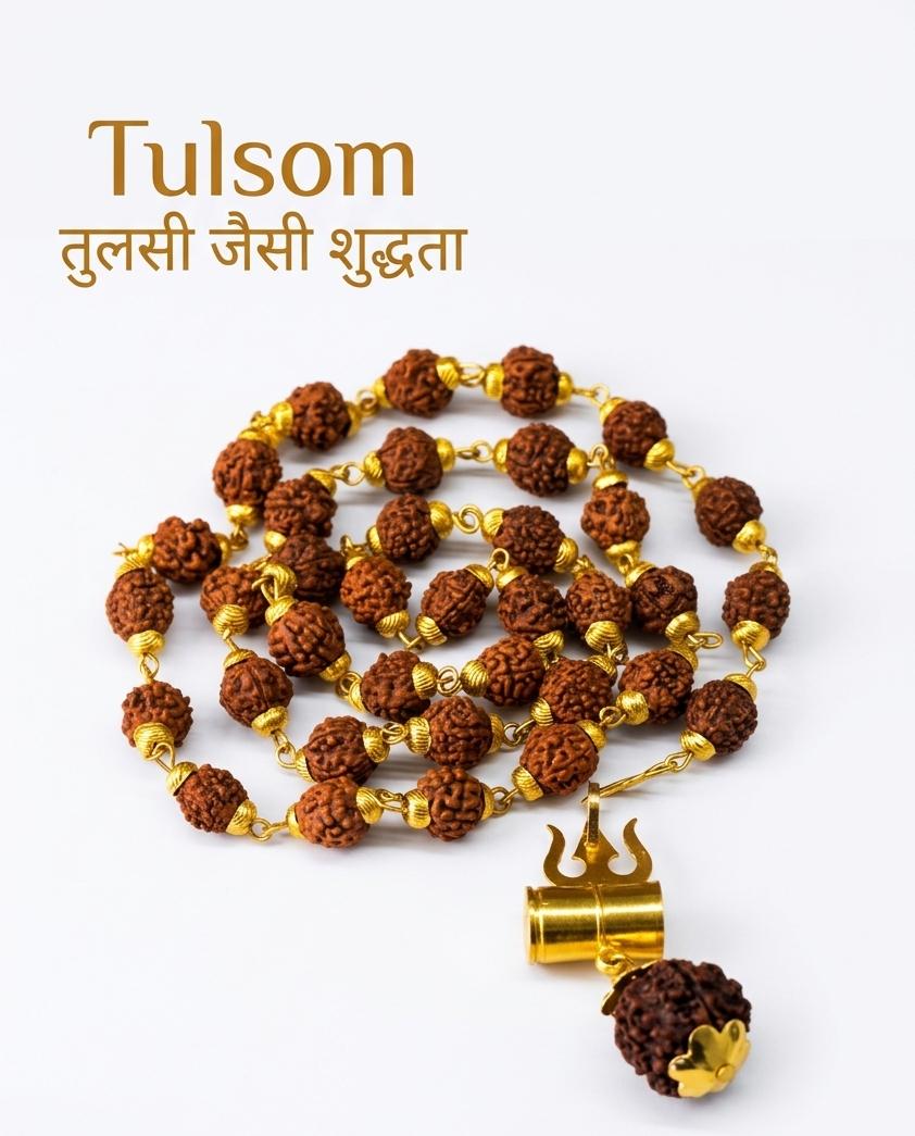 Tulsom Premium Gold-Plated Rudraksha Mala with Lord Shiva Trishul Pendant